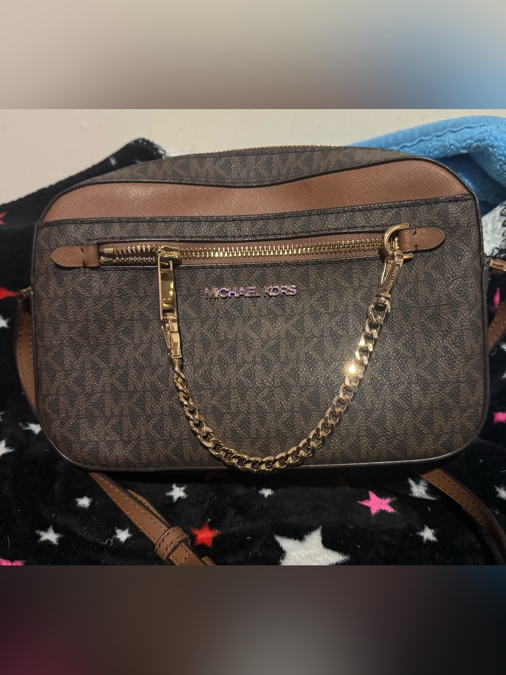 Michael Kors Brown Monogram Crossbody with Gold Chain